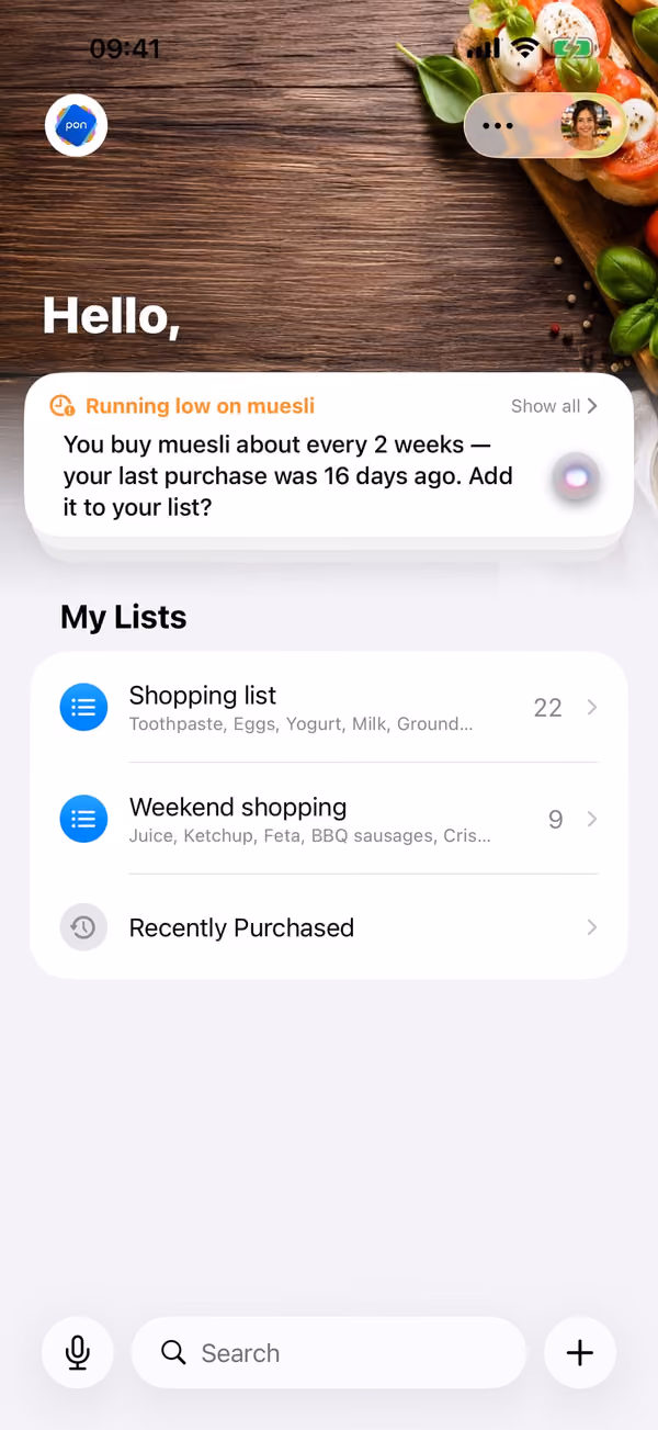 pon: home screen with lists and a pantry reminder